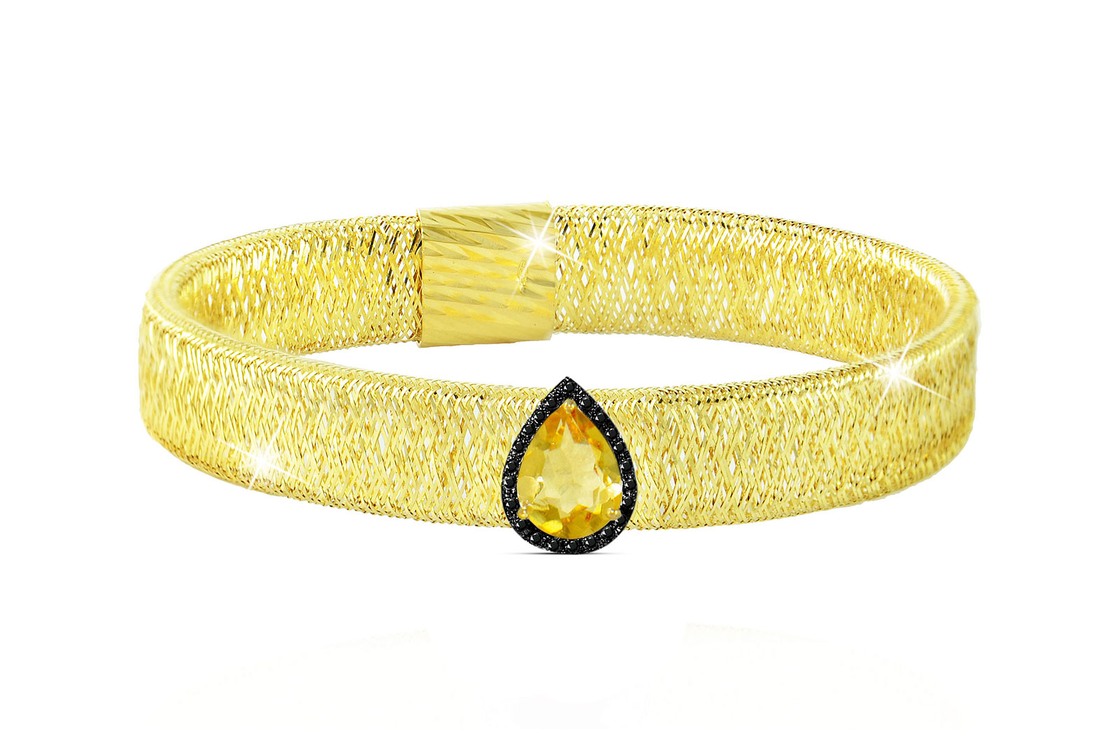 Vera Perla 18K Gold 0.12ct Black Diamonds, Citrine Mesh Bracelet